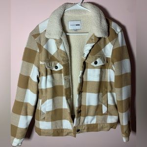 fashion nova wool, flannel jacket, tan/white